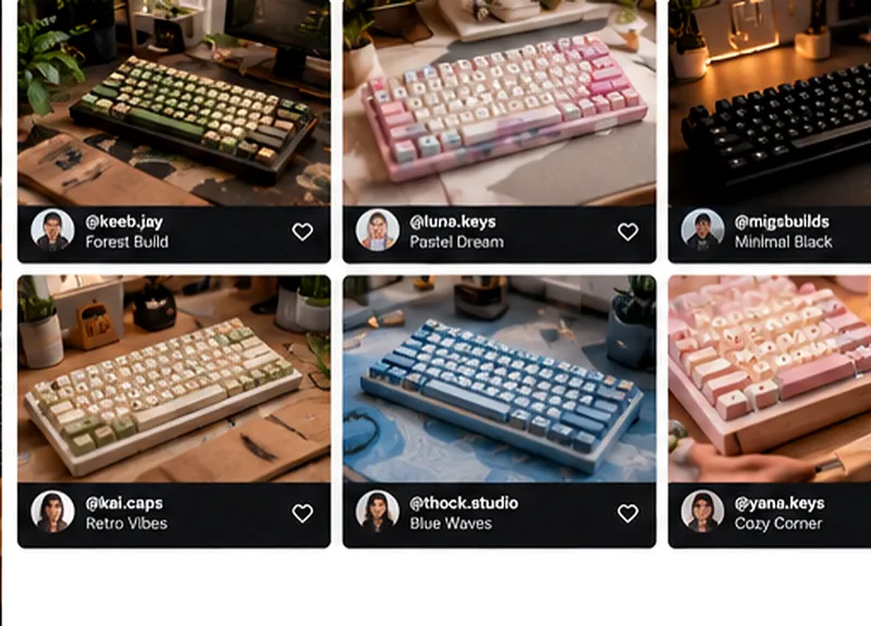A preview of the showcase wall: keyboard builds in forest, pastel, black, retro, blue and pink colorways