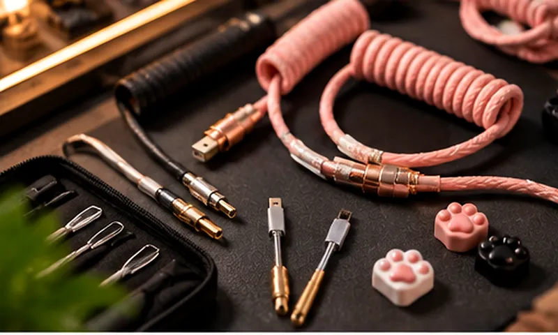 Pink and black coiled keyboard cables with brass connectors, keycap pullers and paw-print keycaps