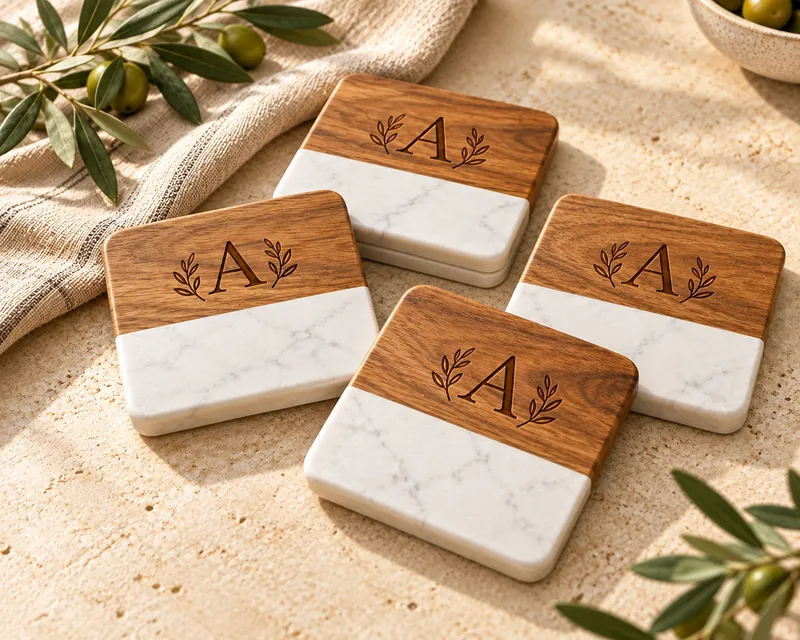 Personalized Acacia & Marble Coasters – Set of 4