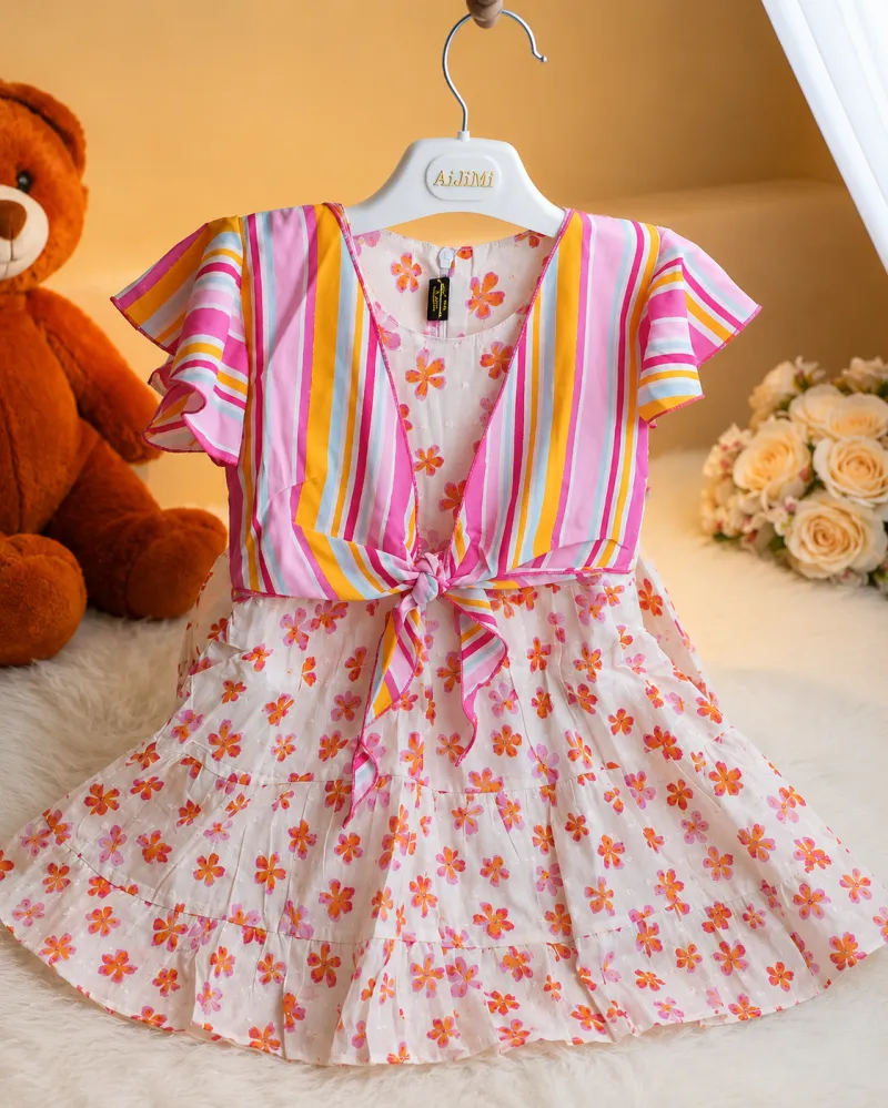 Girls Floral Print Party Dress with Striped Bow Top