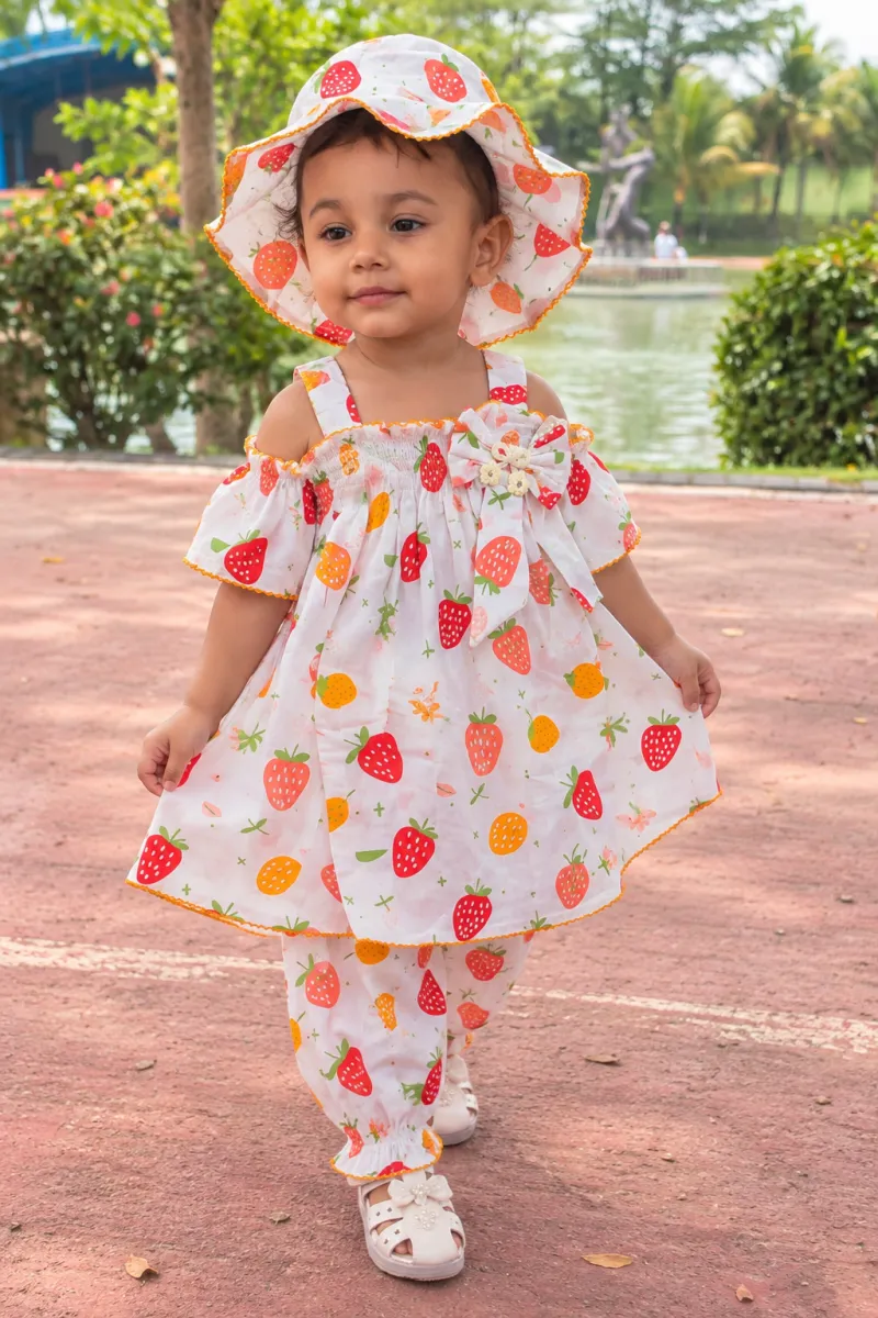 Strawberry Print Cotton Top, Pant & Cap Set for Girls