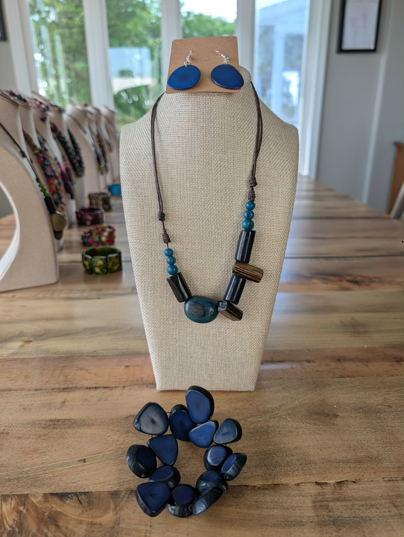 Artisanal Ocean Blue Tagua Necklace, Earrings & Cluster Bracelet Set