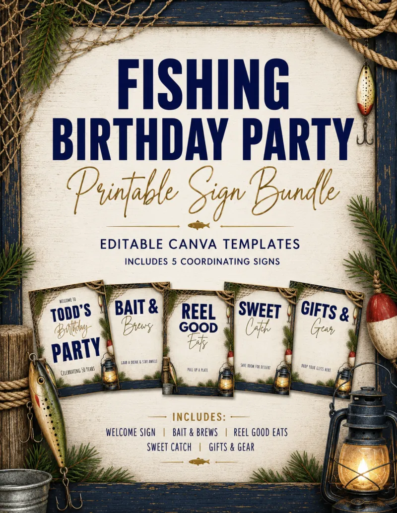 Fishing Birthday Party Printable Sign Bundle | Editable Canva Templates