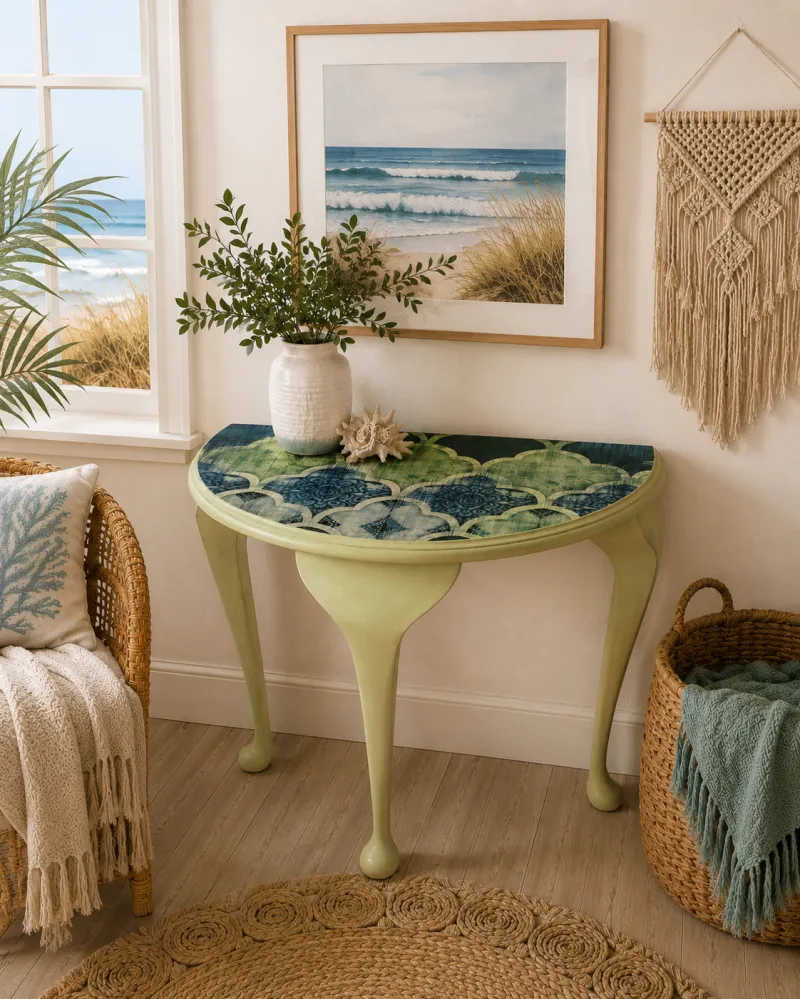 Green Demilune Table with Mosaic Tile Pattern Top