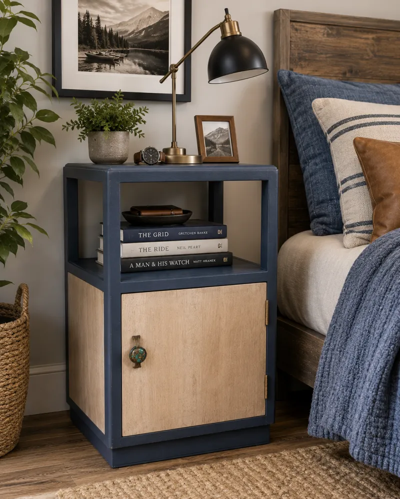 Contemporary Navy & Oak Bedside Cabinet