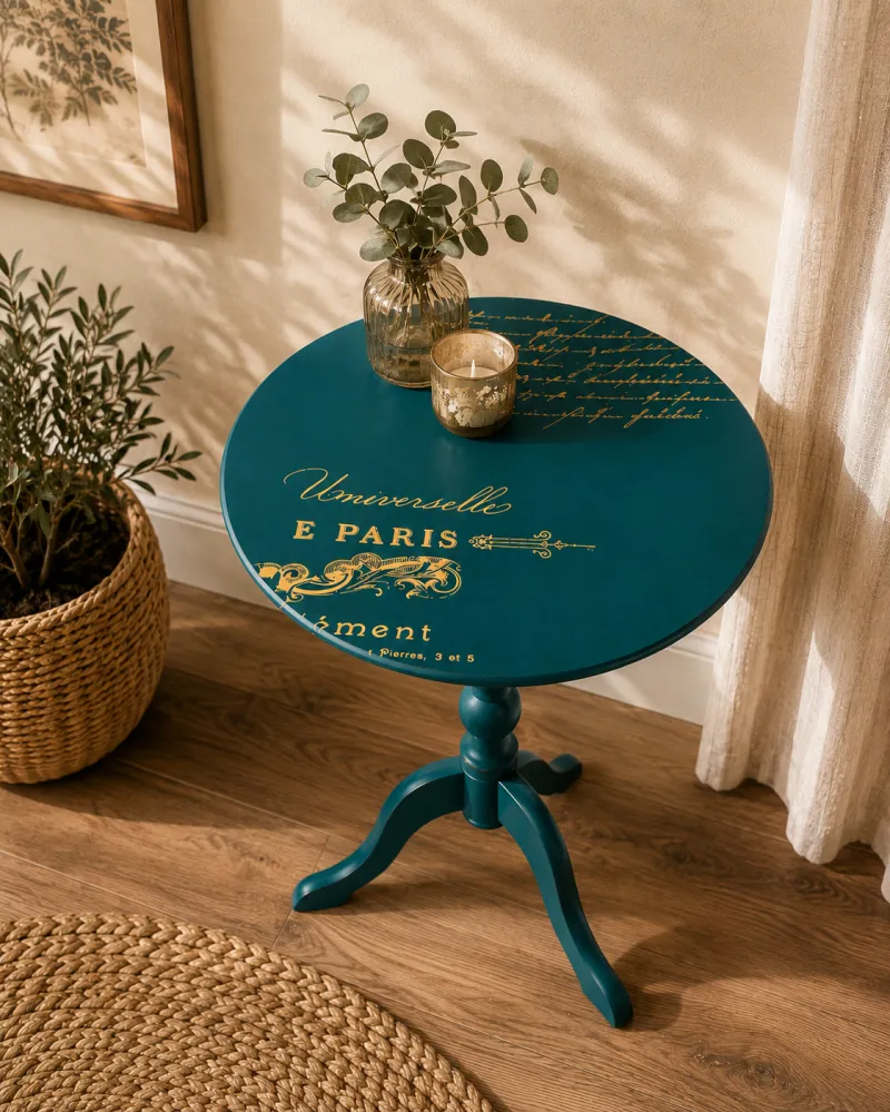 Jade Wine Table with Gold Script – Perfect for Small Spaces