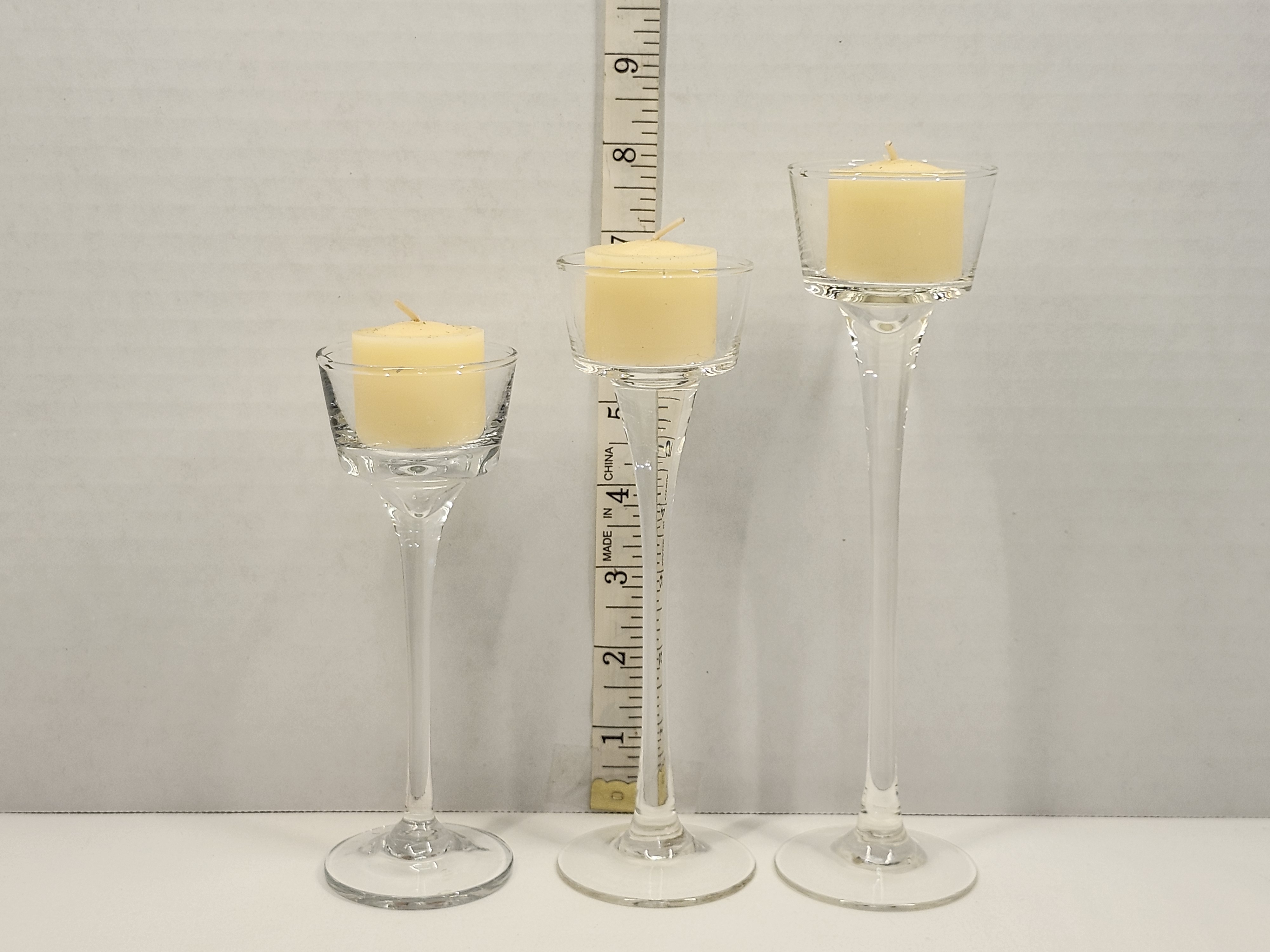 Vintage Clear Glass Long Stem Tealight Candle Holder Trio - Graduated Set of 3