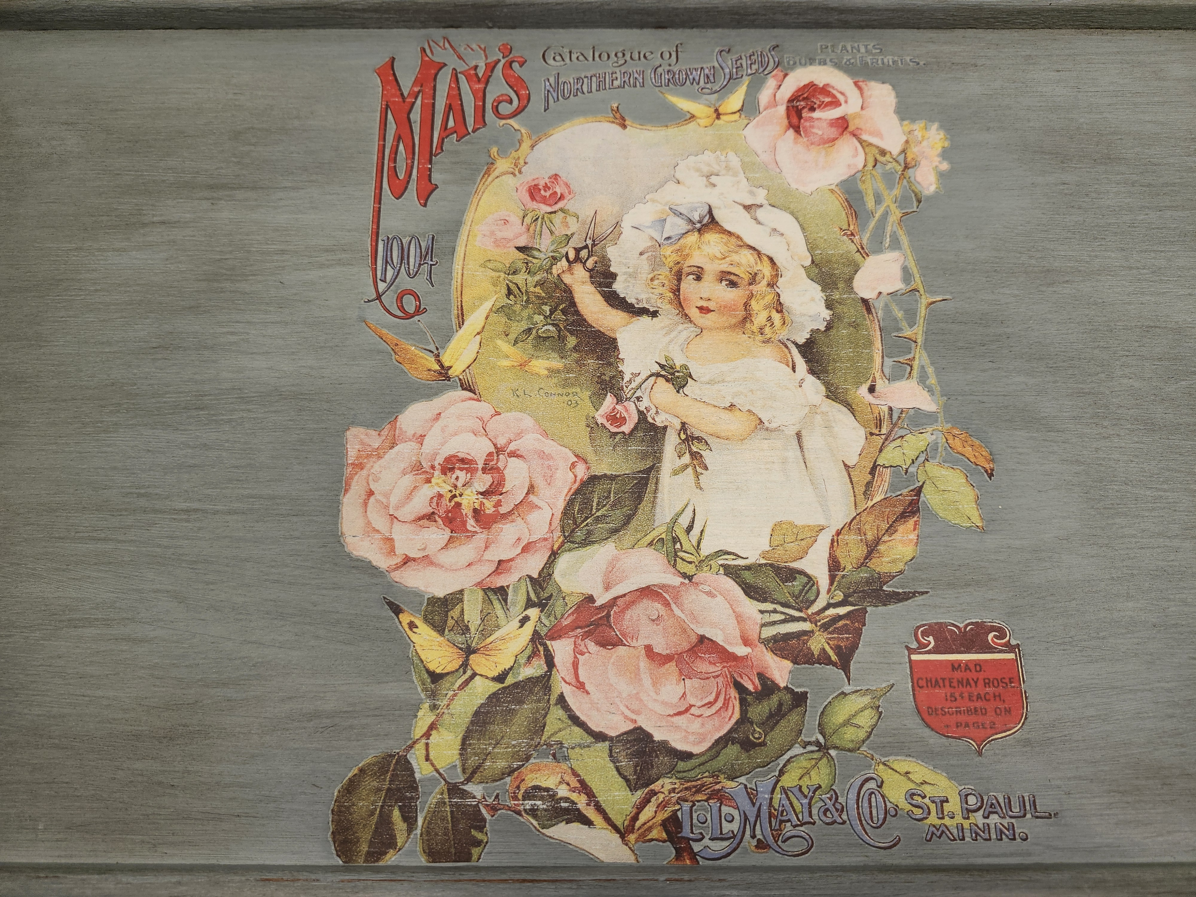 Handcrafted Footed Wooden Riser Tray - Vintage 1904 May's Seed Catalog Art
