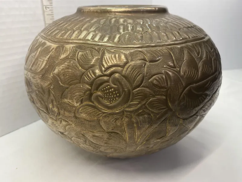 Vintage Hand-Etched Brass Ginger Jar Vase - Ornate Floral Chased Design