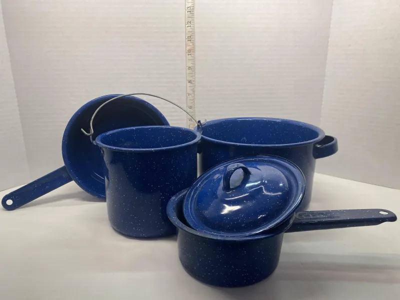 Vintage Cobalt Blue Enamelware Speckled Camp Cookware Set - 5-Piece Lot