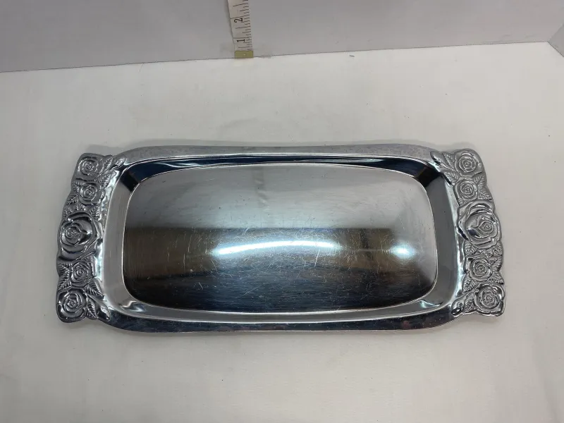 Vintage Embossed Rose Silver Chrome Serving Tray - Vanity Perfume Platter