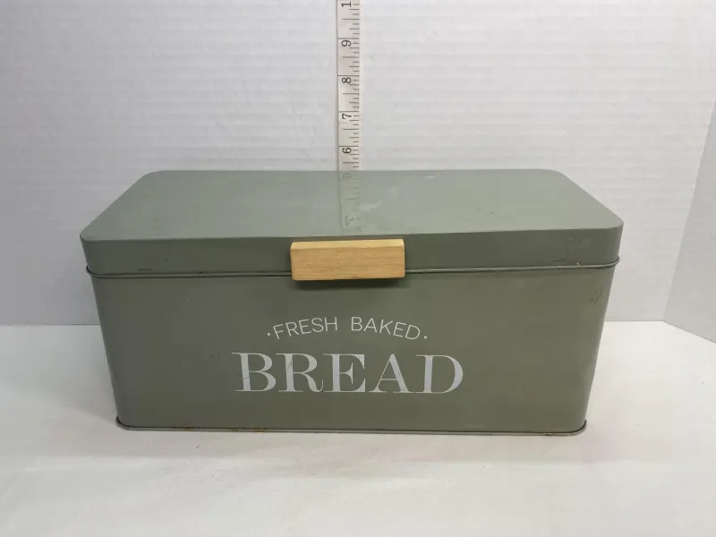 Vintage Sage Green Metal Bread Box - Farmhouse Countertop Storage Bin