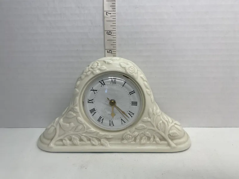 Vintage Embossed Rose Ceramic Mantel Clock - Shabby Chic Tabletop Quartz Clock