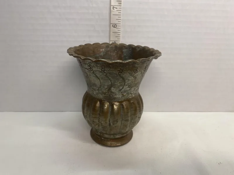 Vintage Mixed Metal Copper & Brass Melon Vase - Ruffled Rim
