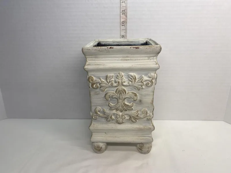 Ornate Whitewash Square Fleur-de-Lis Footed Planter & Decorative Vase (11.5")
