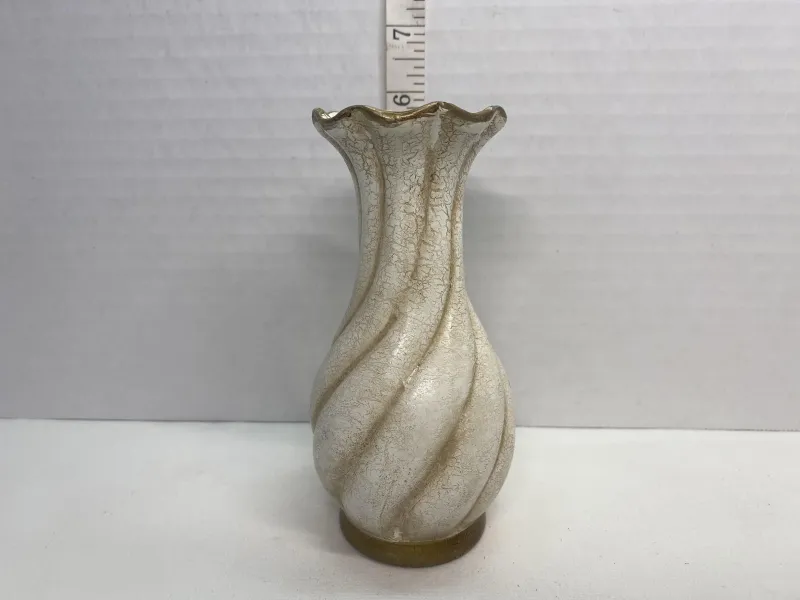 Vintage White Ceramic Swirl Bud Vase - Gold Trim Crackle Glaze