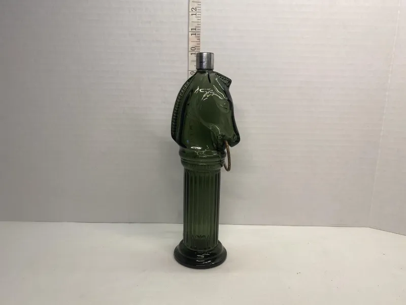 Vintage Forest Green Glass Horse Head Column Bottle - Equestrian Decanter