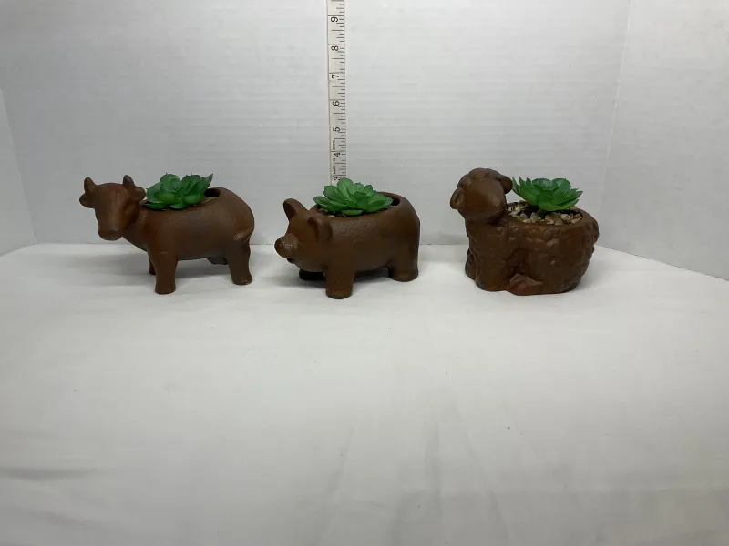 Vintage Rustic Ceramic Barnyard Animal Planters with Faux Succulents - Set of 3