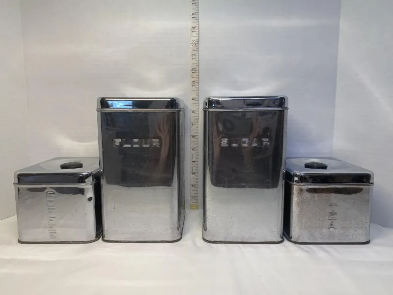 Vintage Lincoln BeautyWare Chrome Stacking Canister Set of 4 - Flour, Sugar, Coffee, Tea