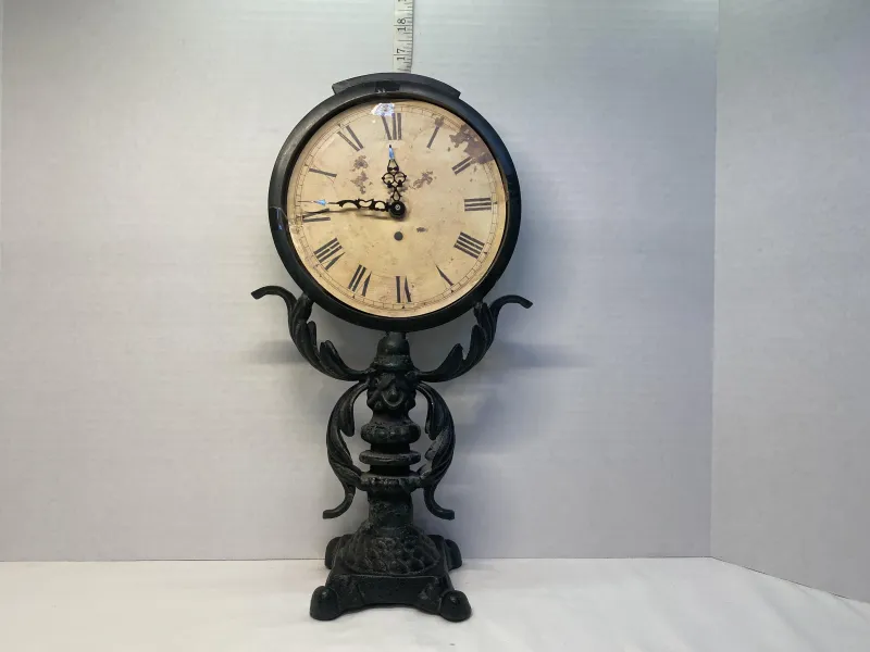 Vintage French Country Cast Metal Pedestal Table Clock - 17.5 Inch