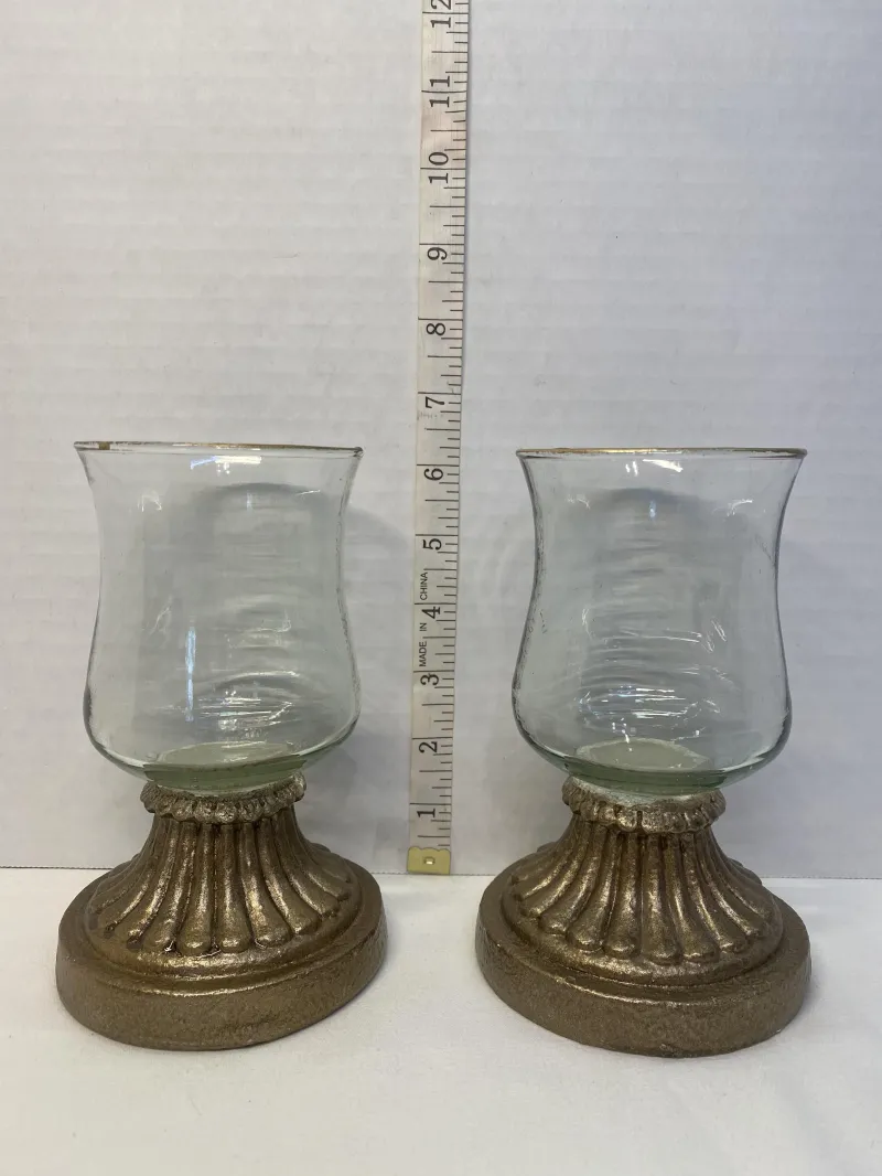 Vintage Antique Gold Fluted Base Glass Hurricane Candle Holders - Pair of 2