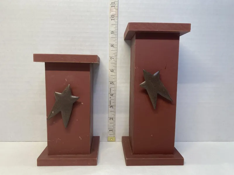 Rustic Barn Red Wooden Pillar Candle Holders with Metal Stars - Staggered Set of 2