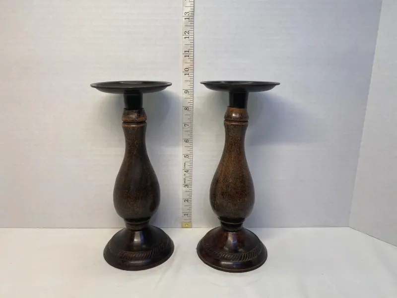 Vintage Turned Wood Baluster Pillar Candle Holders with Rope Trim Base - 10" Tall (Pair)
