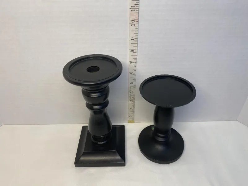 Matte Black Turned Wood Pillar Candle Holders - Staggered Heights (Set of 2)