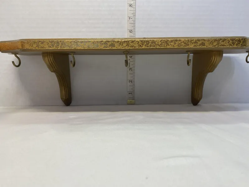 Vintage Gold Wooden Wall Shelf with 5 Hooks - Key Rack & Display Ledge