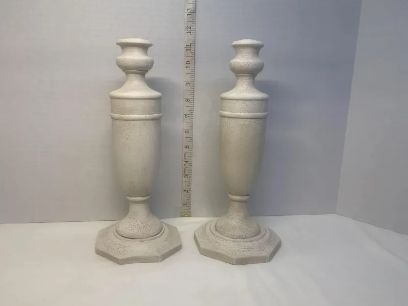 Vintage French Country Crackle Finish Candle Holders - 11" Off-White Candlesticks - Pair of 2