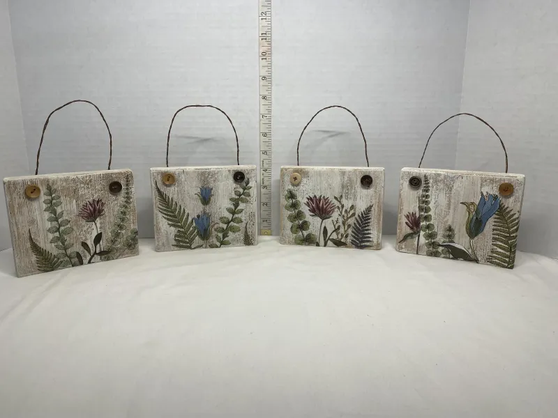 Rustic Botanical Wood Block Wall Plaques with IOD Transferes and Wire Hangers - Set of 4