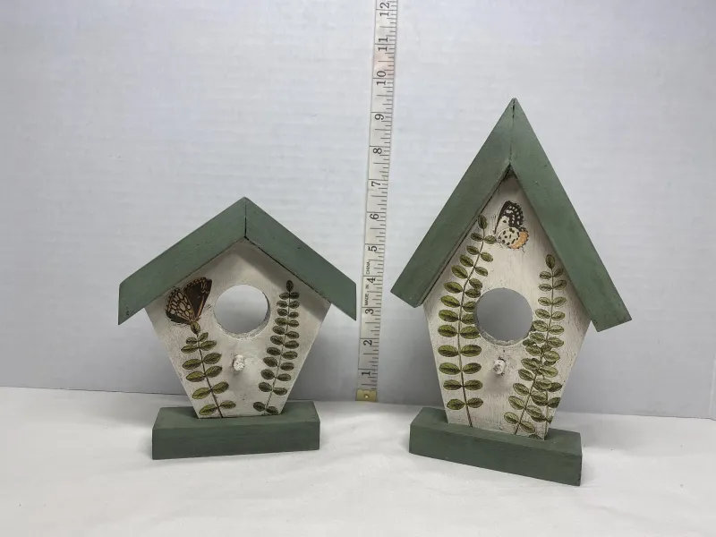 Rustic Botanical Wooden Birdhouse Tabletop Statues - Set of 2