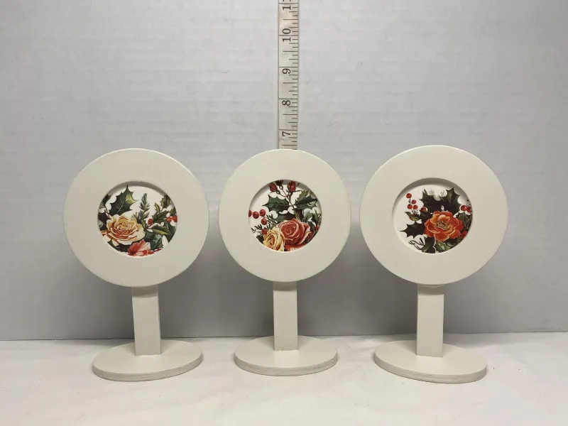 Vintage-Style Round Wood Pedestal Photo Frames with Floral Prints - Set of 3 With IOD transfer 