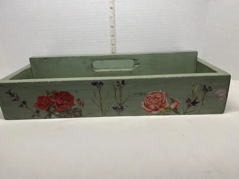 Distressed Sage Green Milk Paint Wooden Garden Caddy Tote Tray - Vintage Botanical Floral