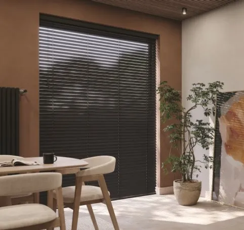 Dark wood venetian blind on a large dining room window, Eclipse SBC serving Skegness