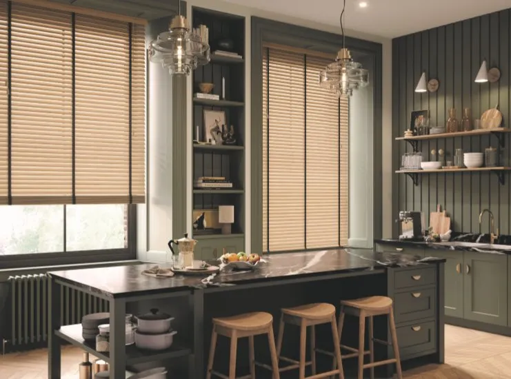 Oak wood venetian blinds with dark tapes in a kitchen, Eclipse SBC serving Gainsborough
