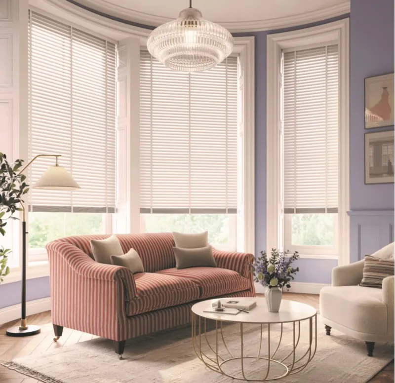 White wood venetian blinds with tapes across a bay window, Eclipse SBC serving Sleaford