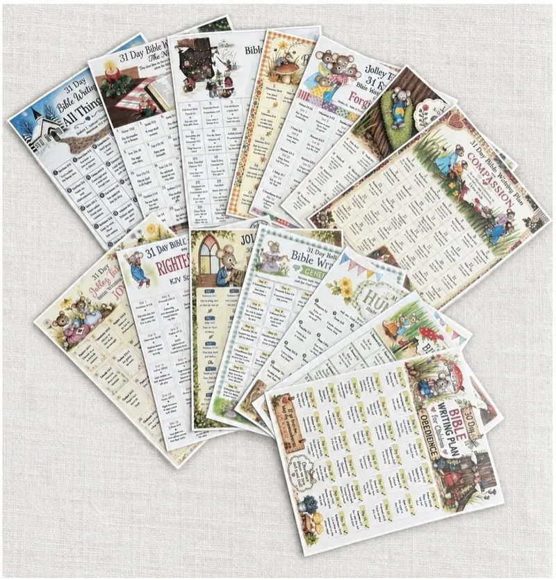 14 TOPICAL/SEASONAL DESIGNS — JOLLEY TALES BIBLE WRITING PLANS —LAMINATED
