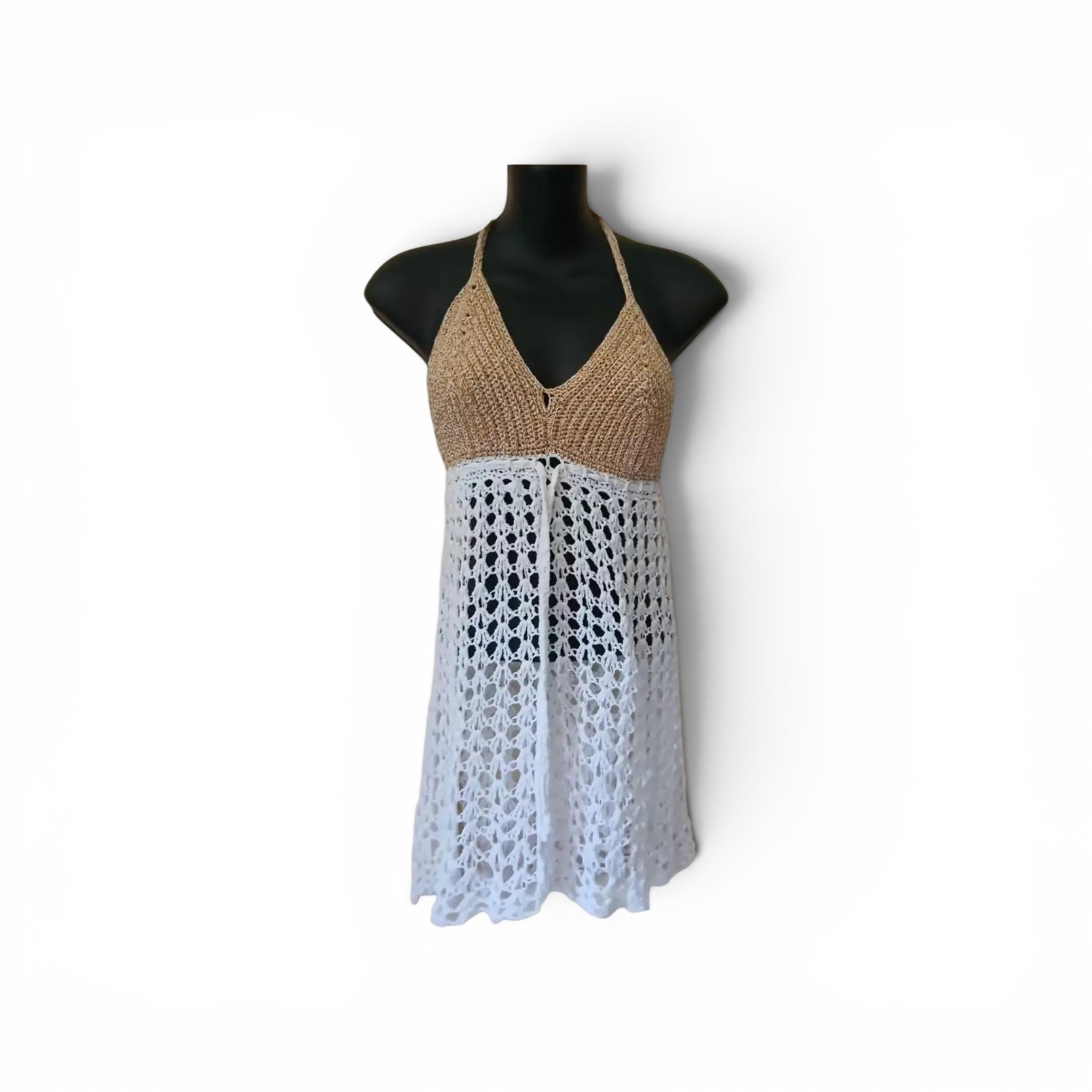 Crochet Handmade White and Gold Halter Back Dress