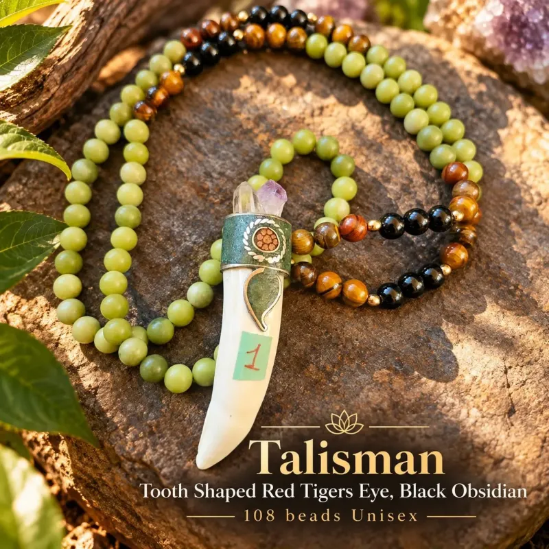 1. Jaguar Tooth Talisman Gemstone Green Jade Black Tourmaline (Deep black beads)108 bead
