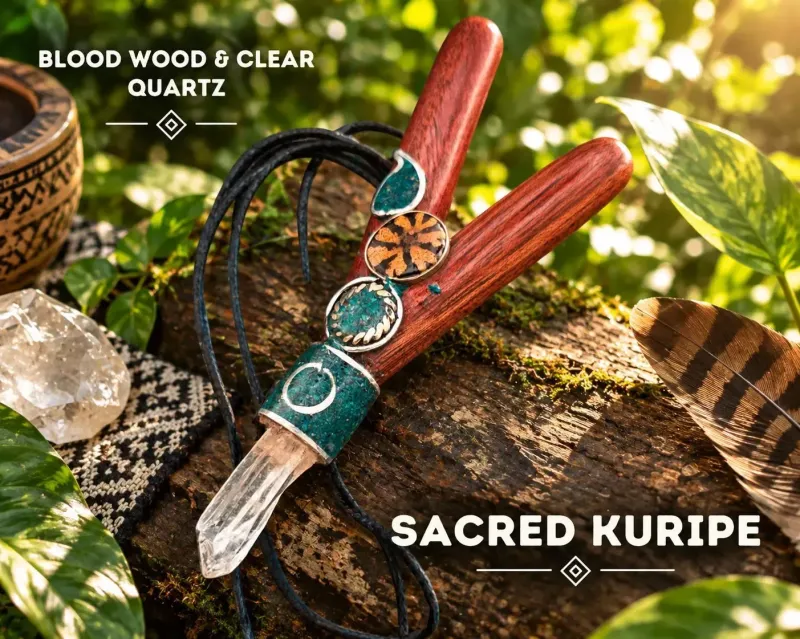 Blood Wood  Ayahuasca Slice Kuripe Self Aplicator  Chrysocolla Clear Quartz