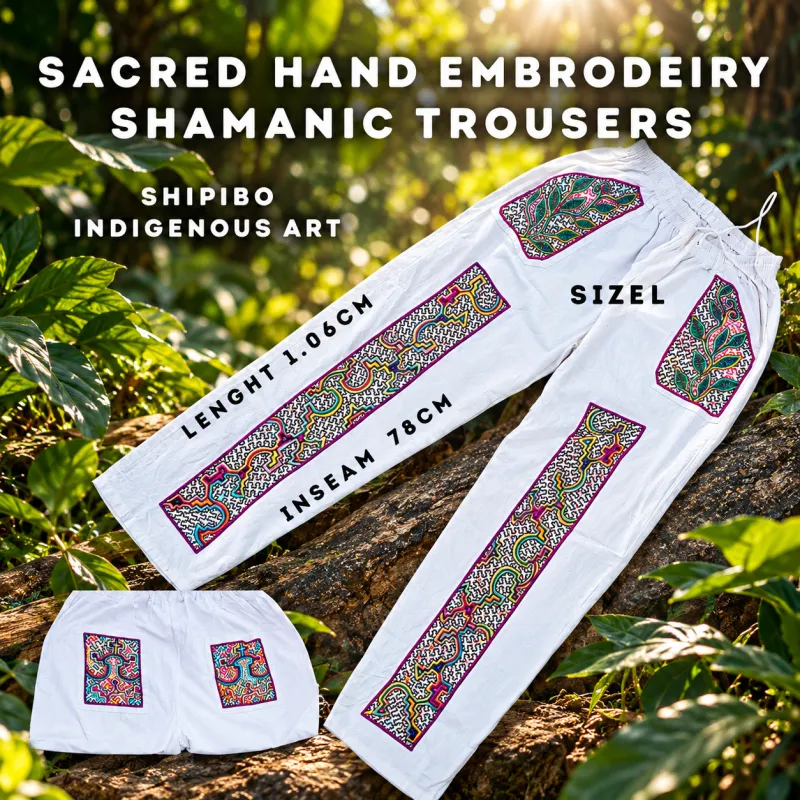 Embroidery Trousers Size L - Handmade by Shipibo Indigenous in Peru. L 1.06cm x Inseam 78cm