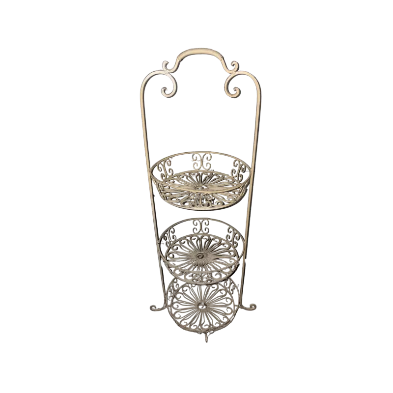 Cream Metal Plant Stand with Scrollwork and Floral Patterns