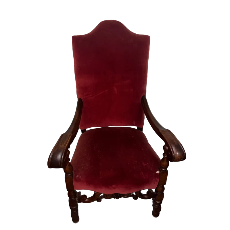 Plush Red Velvet Armchair with Carved Wood Frame