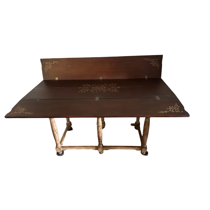 Antique Hinged Drop Leaf Table with Floral Motifs (Alt View)