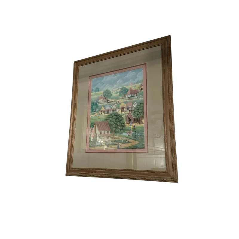 Framed Pastoral Village Scene Painting