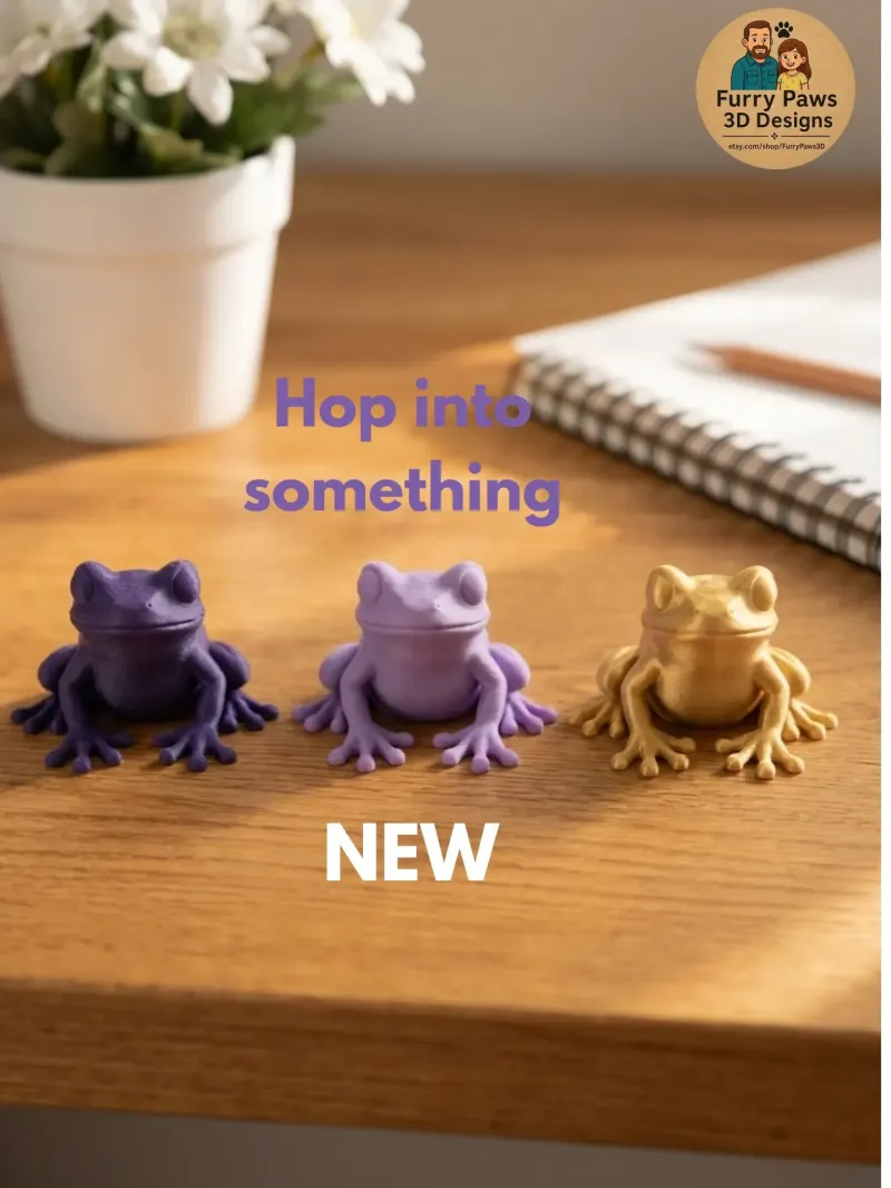  3D Printed Frog Set – Dark Purple, Lavender & Metallic Gold Tree Frogs