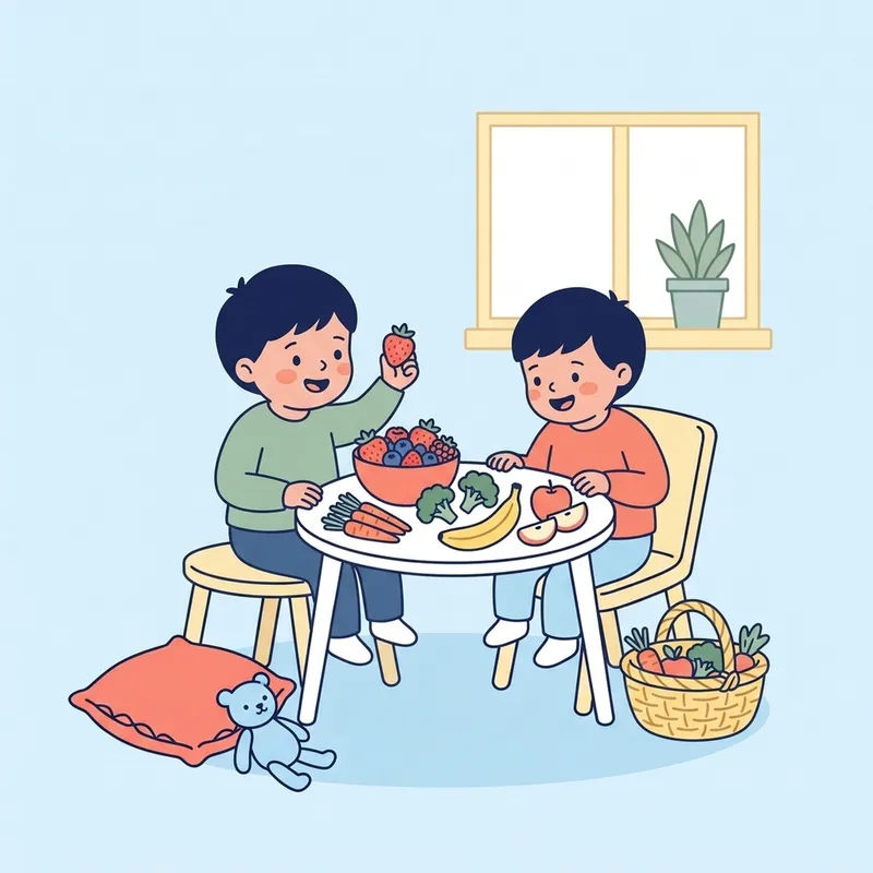 Two children at a table exploring fruit and vegetables
