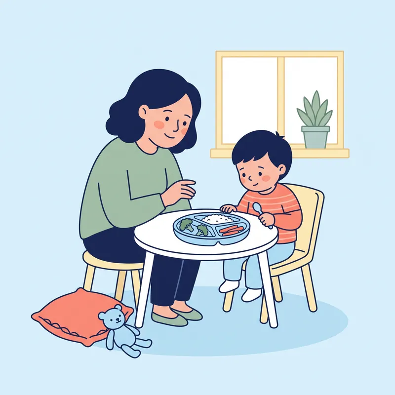 A parent sitting with a child at a small table, offering food from a divided plate