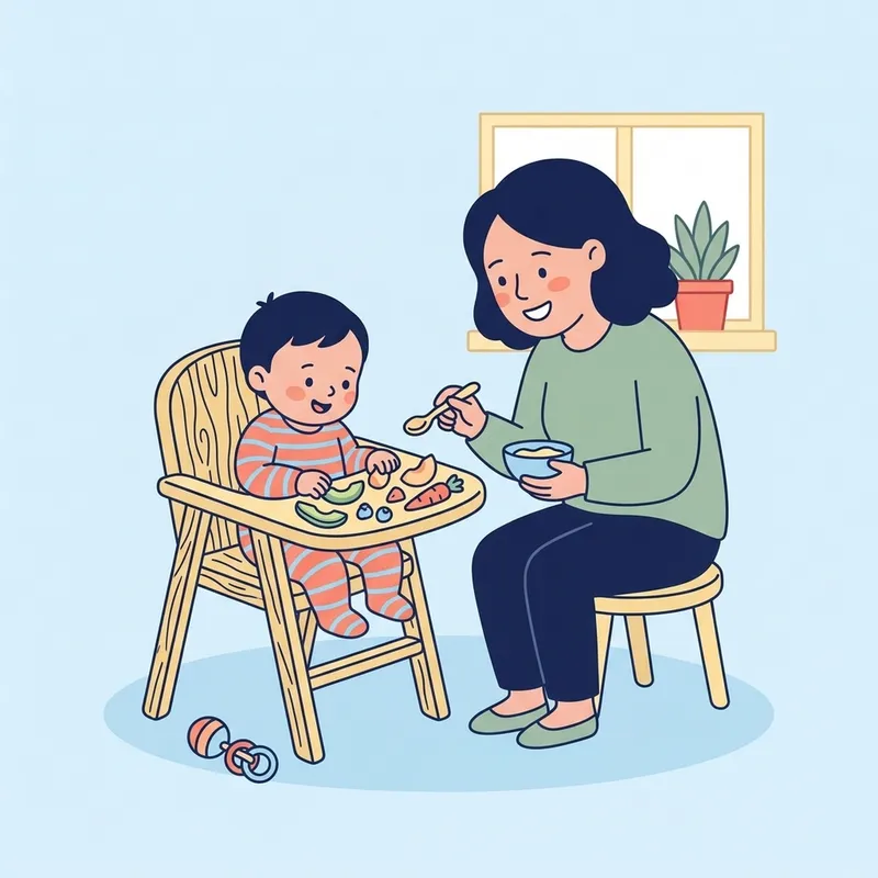 A baby in a high chair with soft finger foods, a parent sitting alongside